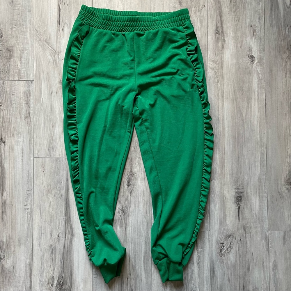 Topshop Green Joggers with Ruffle Trim